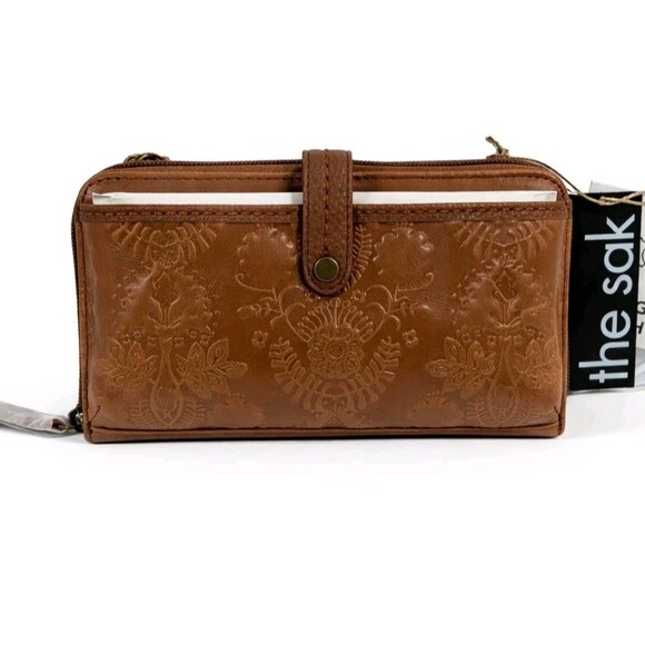 The Sak Iris Smartphone Leather Crossbody Wallet Vintage Brown Floral NWT New - Picture 3 of 16